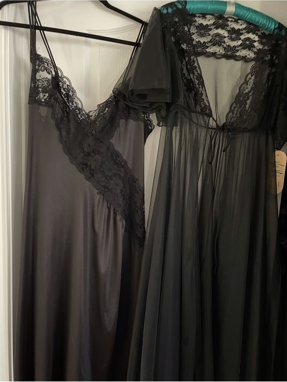Black Lace-Trim Satin Chemise with Sheer Black Robe
